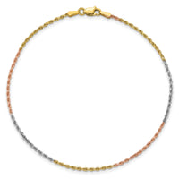 14k Tri-color 1.5mm Diamond-cut Rope Chain Anklet