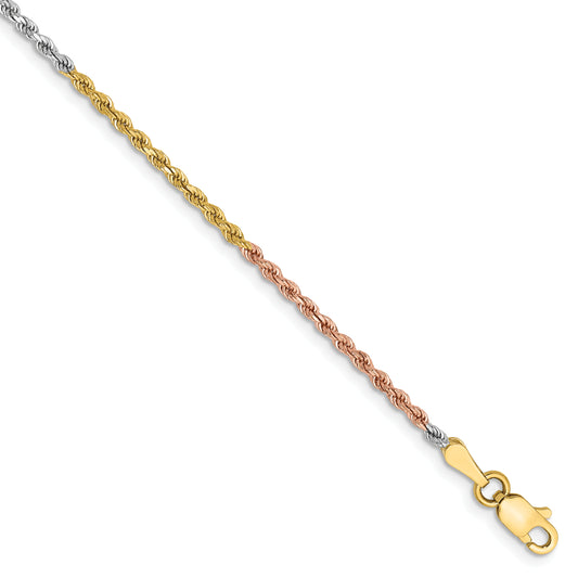 14k Tri-color 1.75mm Diamond-cut Rope Chain Anklet