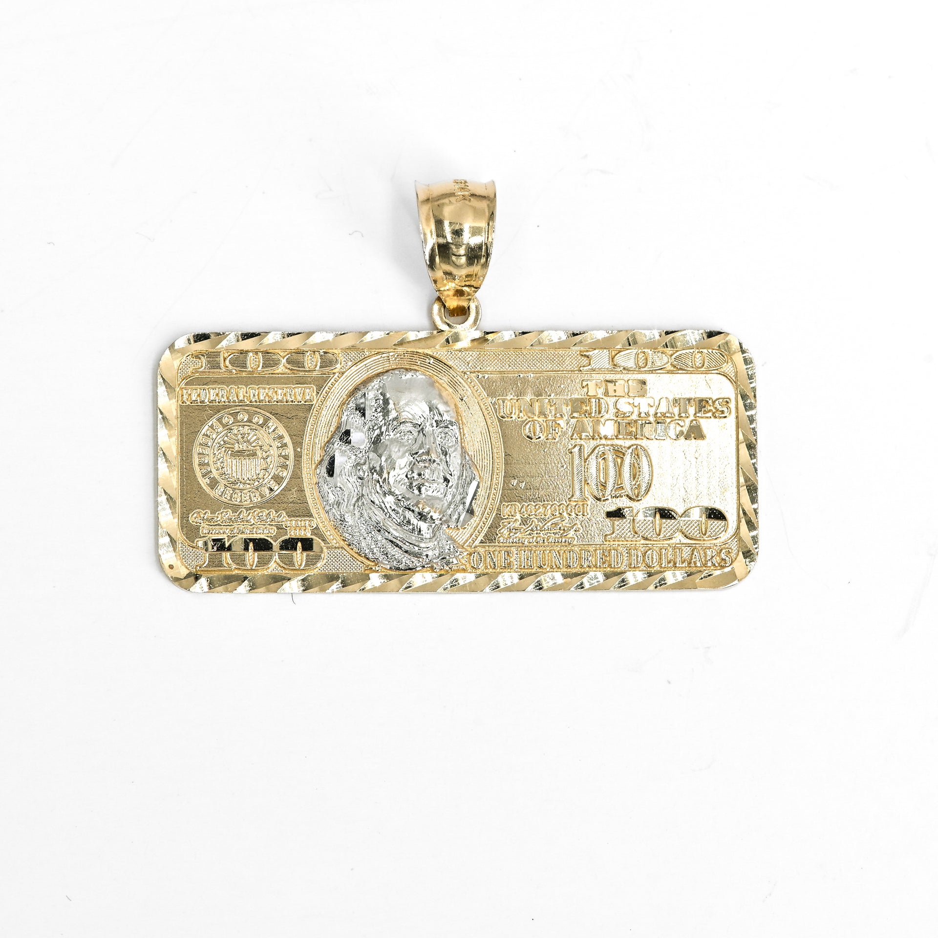 Large $100 Bill Diamond-Cut Pendant in 14K Yellow Gold – 1.75"