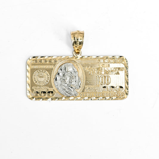 Large $100 Bill Diamond-Cut Pendant in 14K Yellow Gold – 1.75"