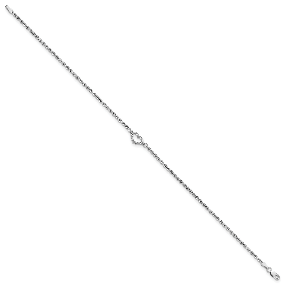 14k White Gold Diamond-cut Rope with Heart 10in Anklet