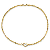 14k Diamond-cut Open Heart Rope 9inch Anklet
