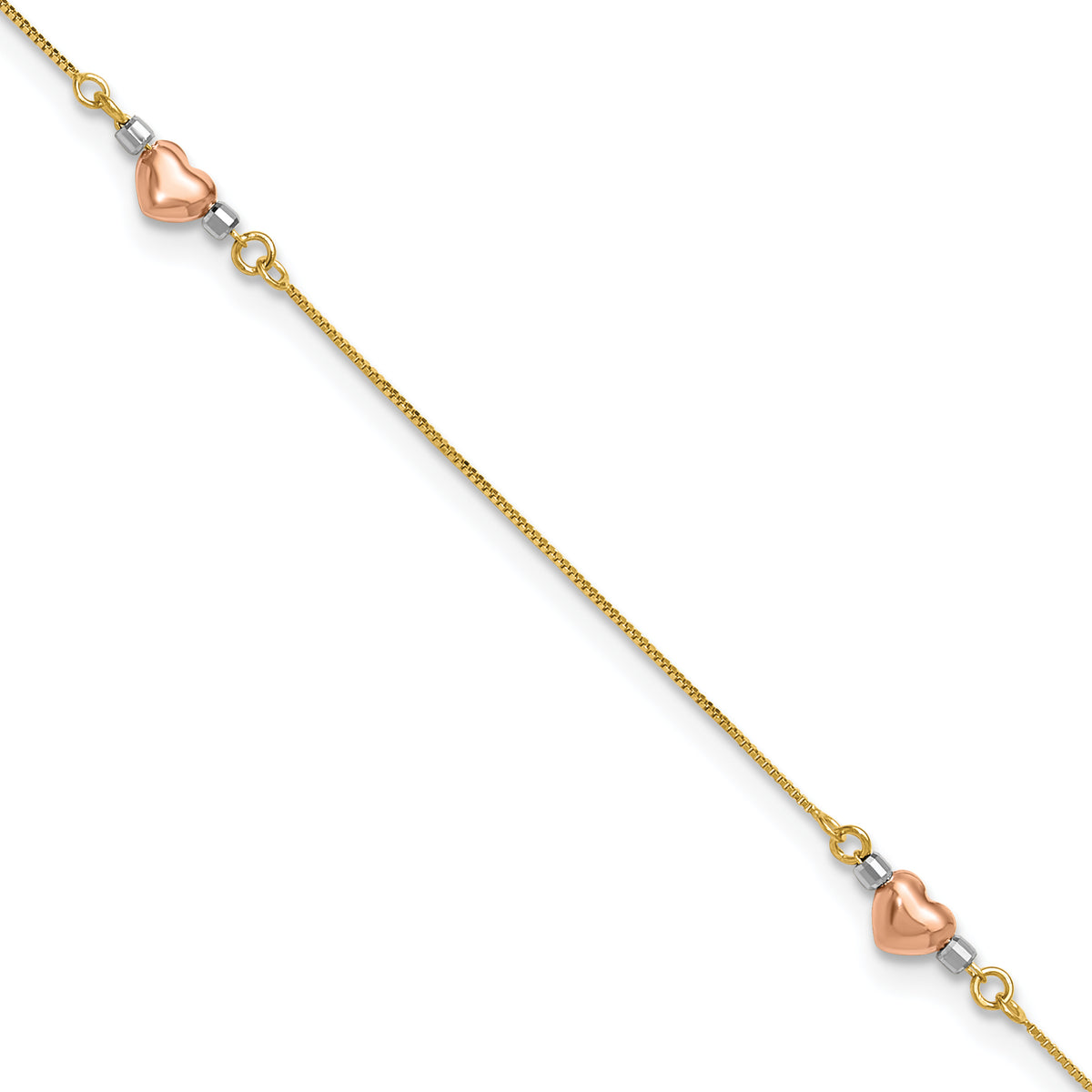 14k Tri-Color Puffed Heart 9in Plus 1in ext Anklet