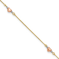 14k Tri-Color Puffed Heart 9in Plus 1in ext Anklet