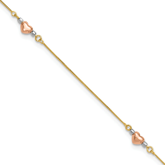 14k Tri-Color Puffed Heart 9in Plus 1in ext Anklet