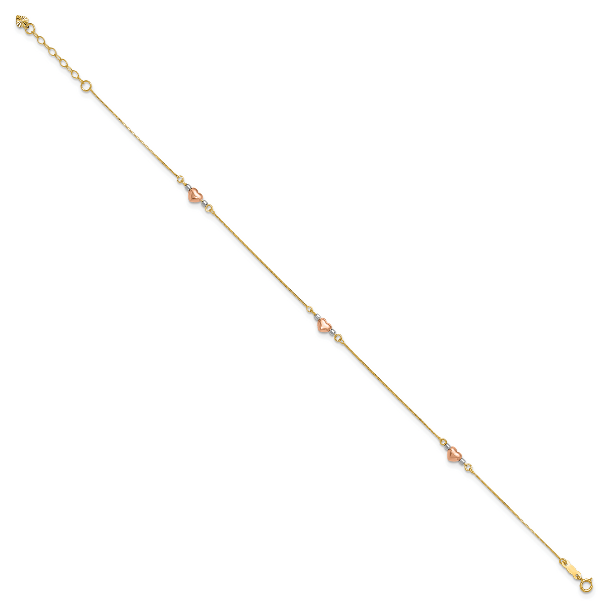 14k Tri-Color Puffed Heart 9in Plus 1in ext Anklet