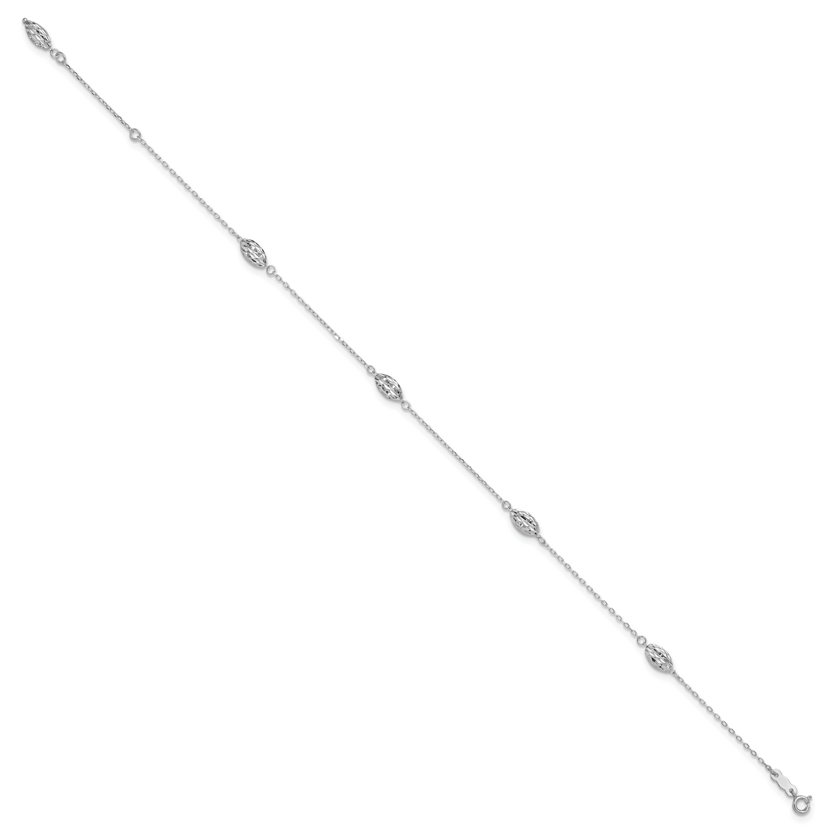 14k White Gold Puffed Rice Bead 9in Plus 1in ext. Anklet