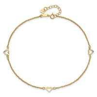 14k Diamond-cut Hearts 9in Plus 1in ext Anklet