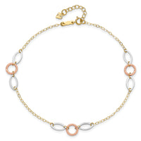 14k Tri-color Circle and Oval 9in Plus 1in ext. Anklet