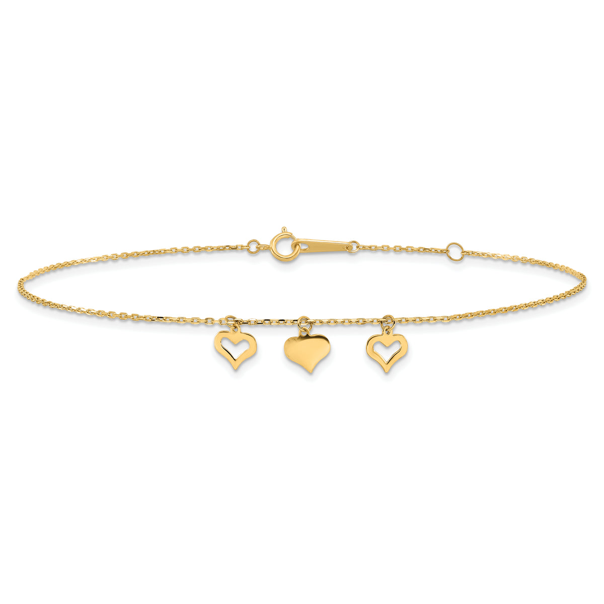 14k 3 Hearts 9in Plus 1in Extension Anklet