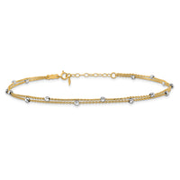 14K Two-tone 2-Strand Spiga Mirror Beads 9in Plus 1in Ext. Anklet