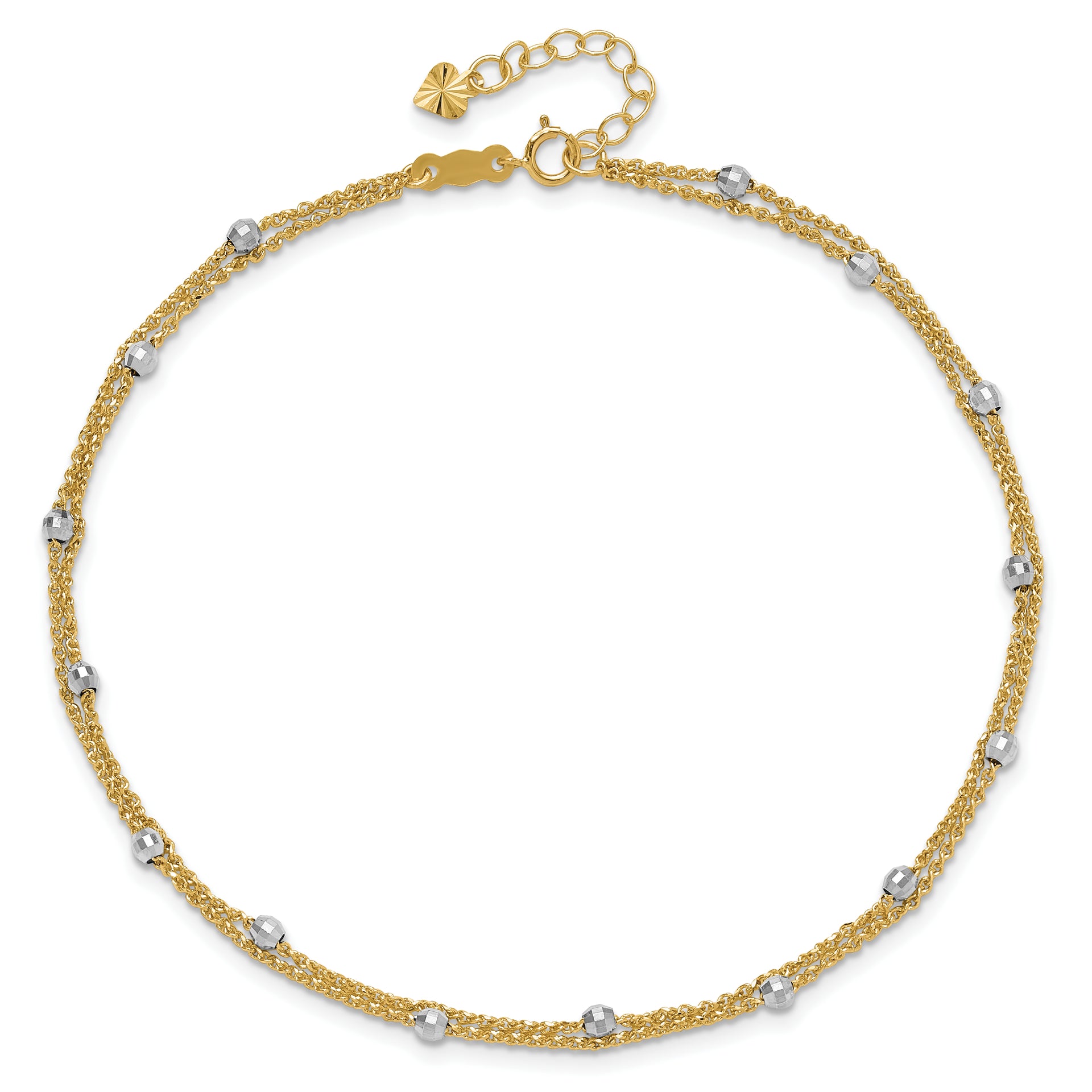 14K Two-tone 2-Strand Spiga Mirror Beads 9in Plus 1in Ext. Anklet