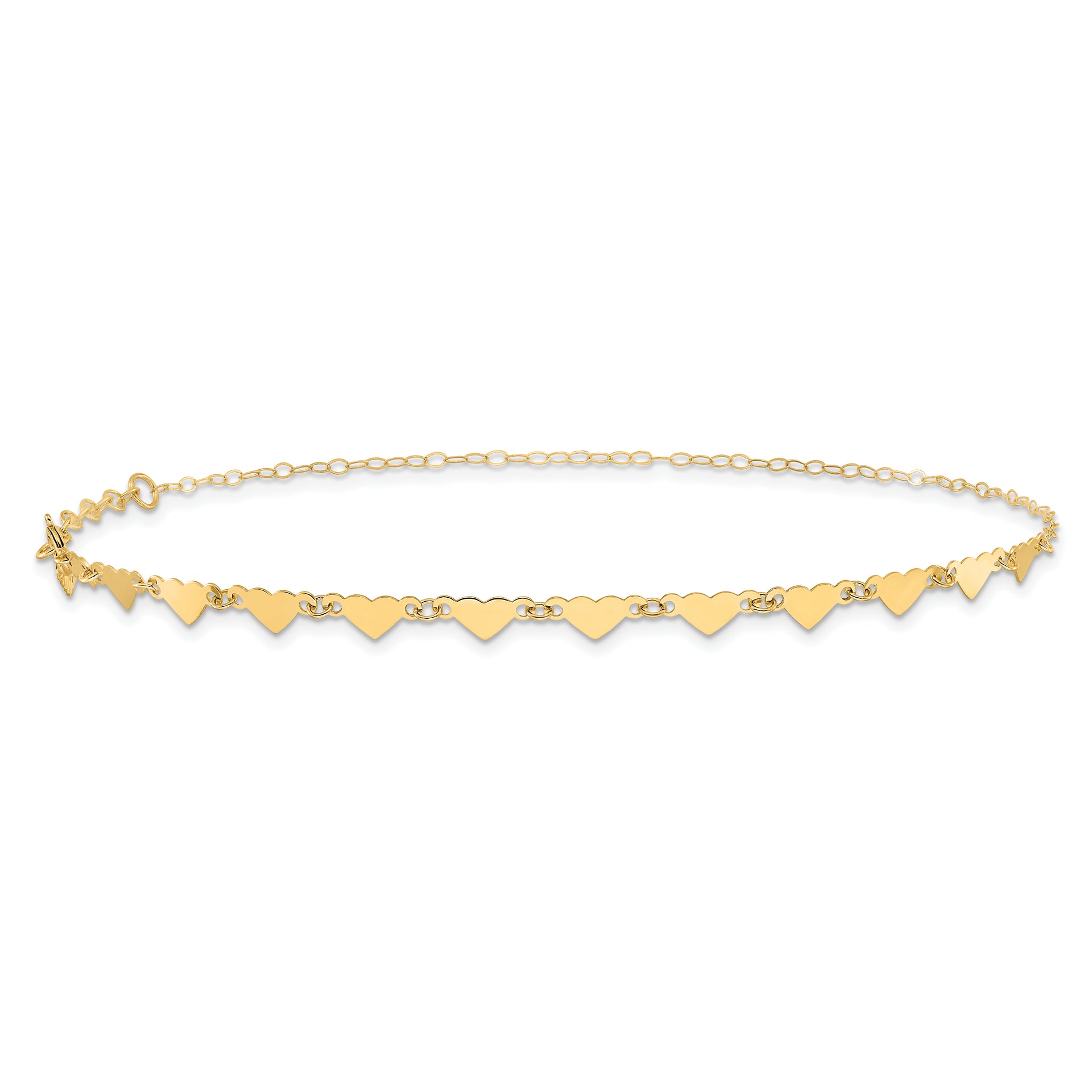 14K Oval Link Chain with Hearts 10in Plus 1in Ext Anklet