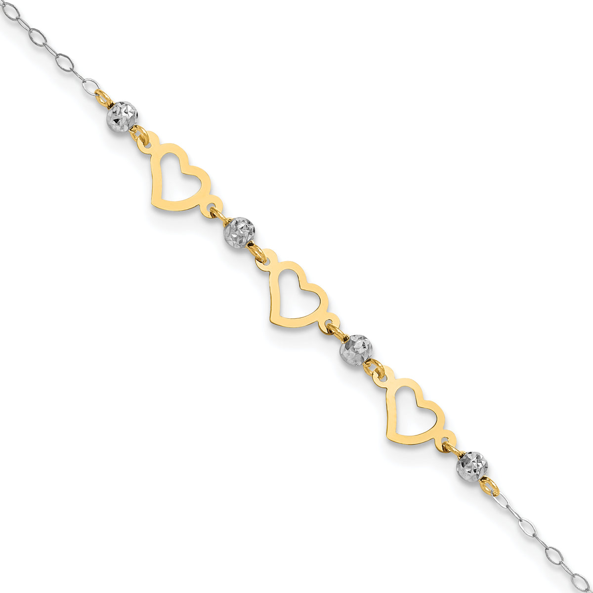 14K Two-tone Oval Link Diamond-cut Beads and Heart 9in Plus 1in Ext Anklet