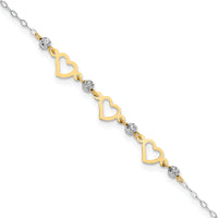14K Two-tone Oval Link Diamond-cut Beads and Heart 9in Plus 1in Ext Anklet
