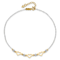 14K Two-tone Oval Link Diamond-cut Beads and Heart 9in Plus 1in Ext Anklet