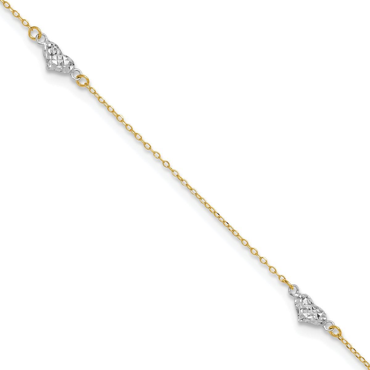 14k Two-tone Polished D/C Triple Hearts 9in w/1in. Ext. Anklet