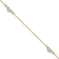 14k Two-tone Polished D/C Triple Hearts 9in w/1in. Ext. Anklet