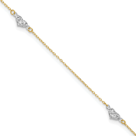 14k Two-tone Polished D/C Triple Hearts 9in w/1in. Ext. Anklet