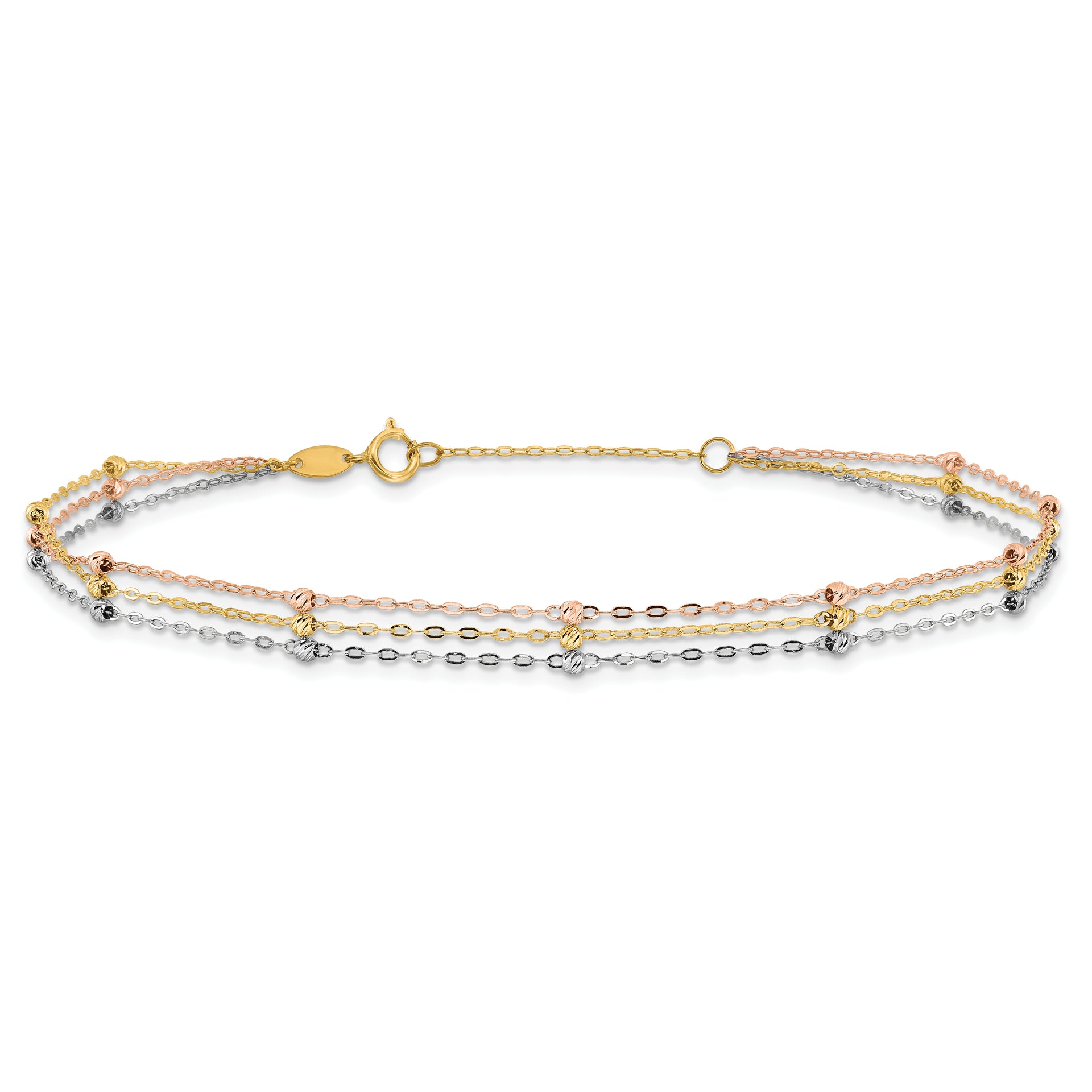 14k Tri-color 3-Strand Diamond-cut Beaded 9in Plus 1in ext Anklet