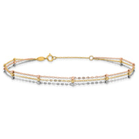 14k Tri-color 3-Strand Diamond-cut Beaded 9in Plus 1in ext Anklet