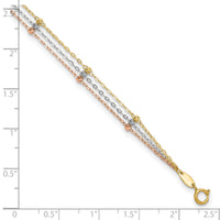 14k Tri-color 3-Strand Diamond-cut Beaded 9in Plus 1in ext Anklet
