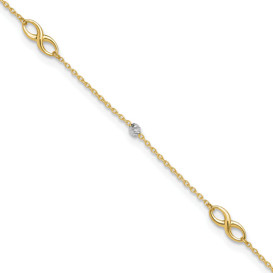 14K Two-Tone Diamond-cut Beads and Infinity 10in Plus 1in ext. Anklet