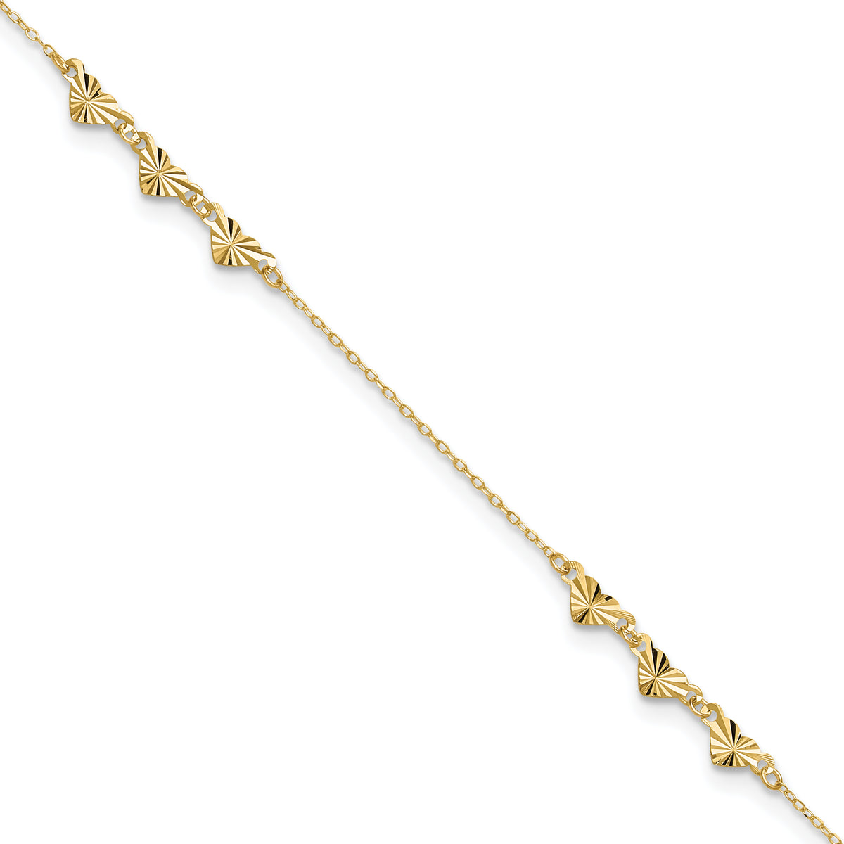 14K Diamond-cut Hearts 9in Plus 1in ext  Anklet
