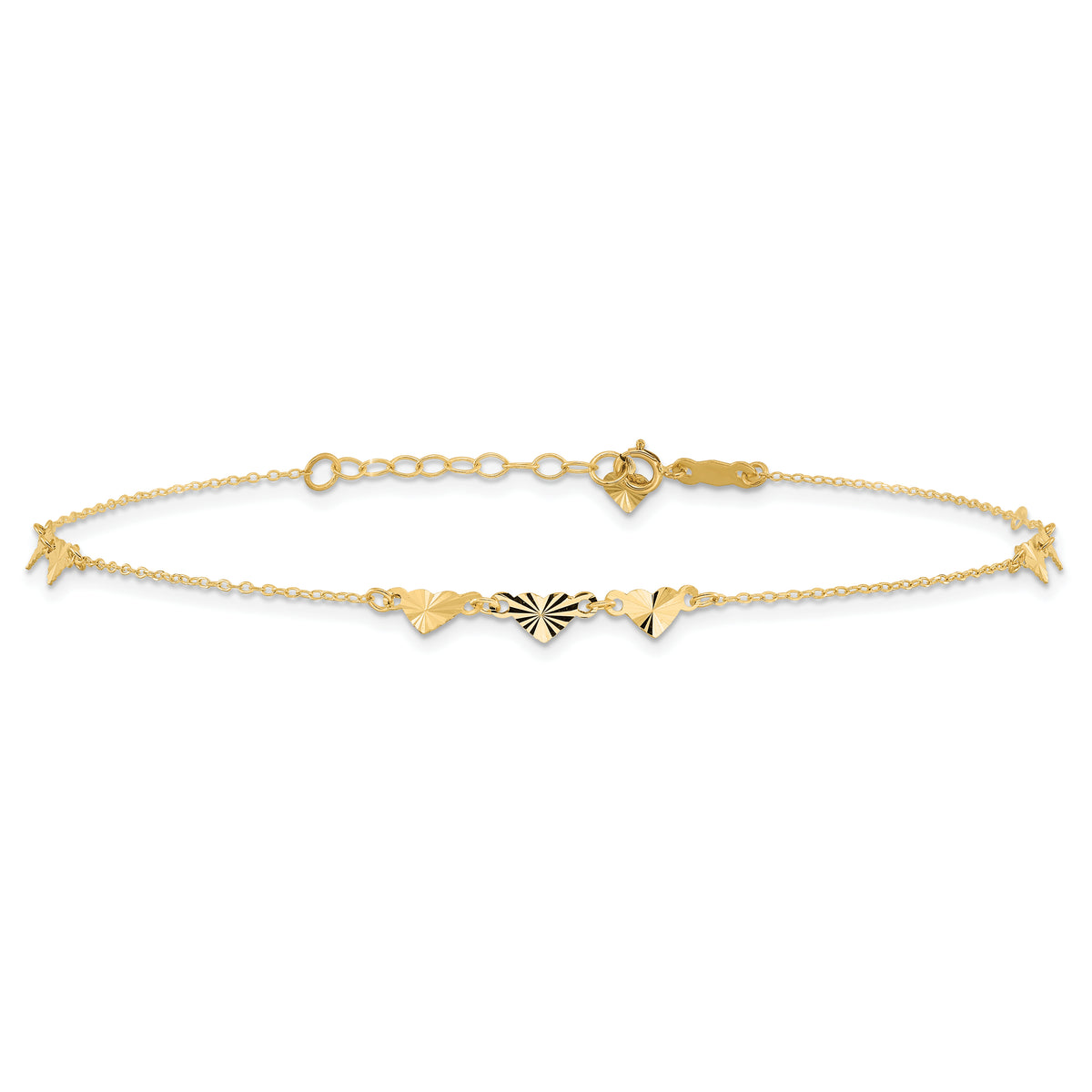 14K Diamond-cut Hearts 9in Plus 1in ext  Anklet