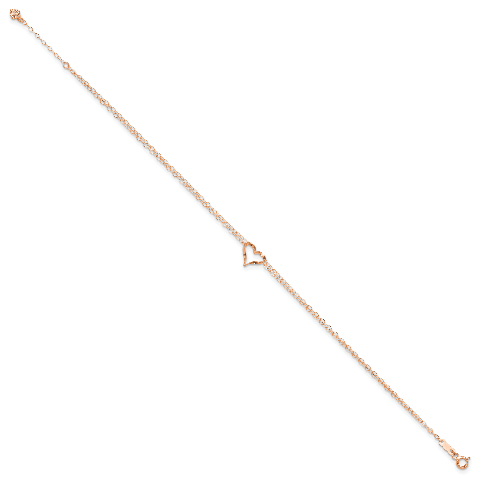 14k Rose Gold Double Strand Heart 9in Plus 1in Ext Anklet