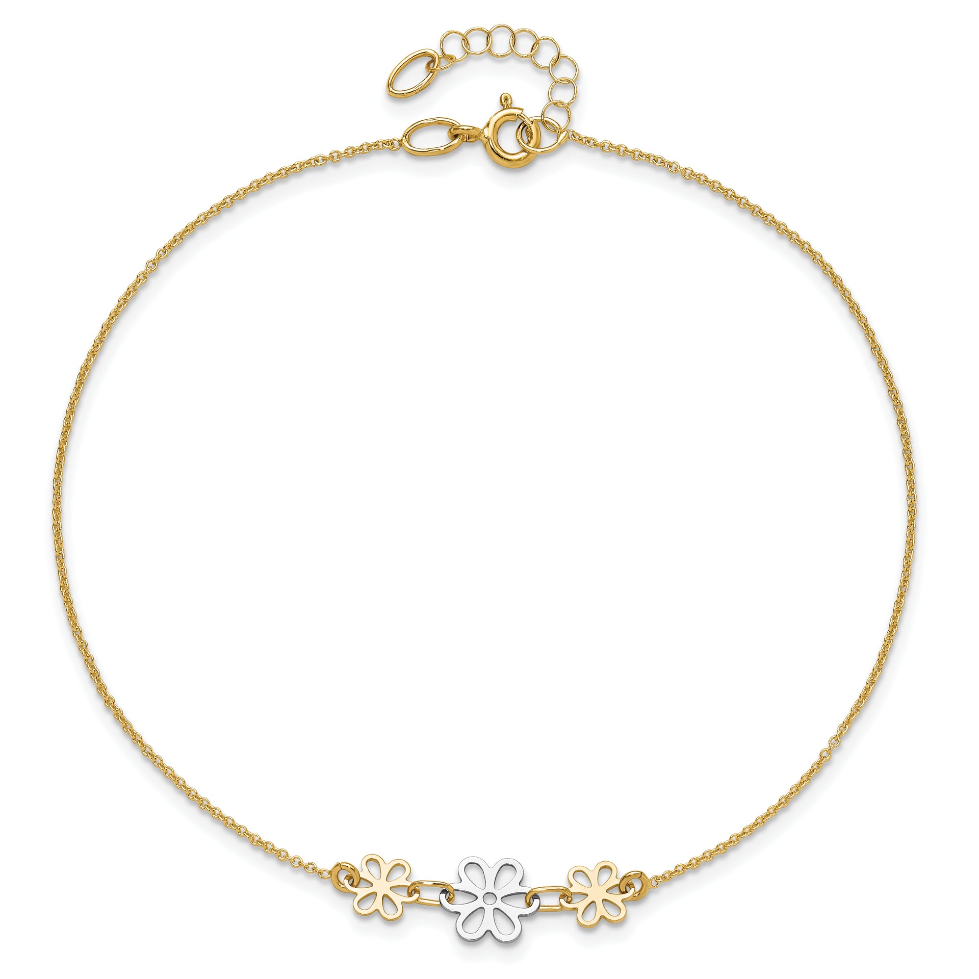 14K Two-tone Polished Three Flower 9in Plus 1in ext Anklet