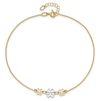 14K Two-tone Polished Three Flower 9in Plus 1in ext Anklet
