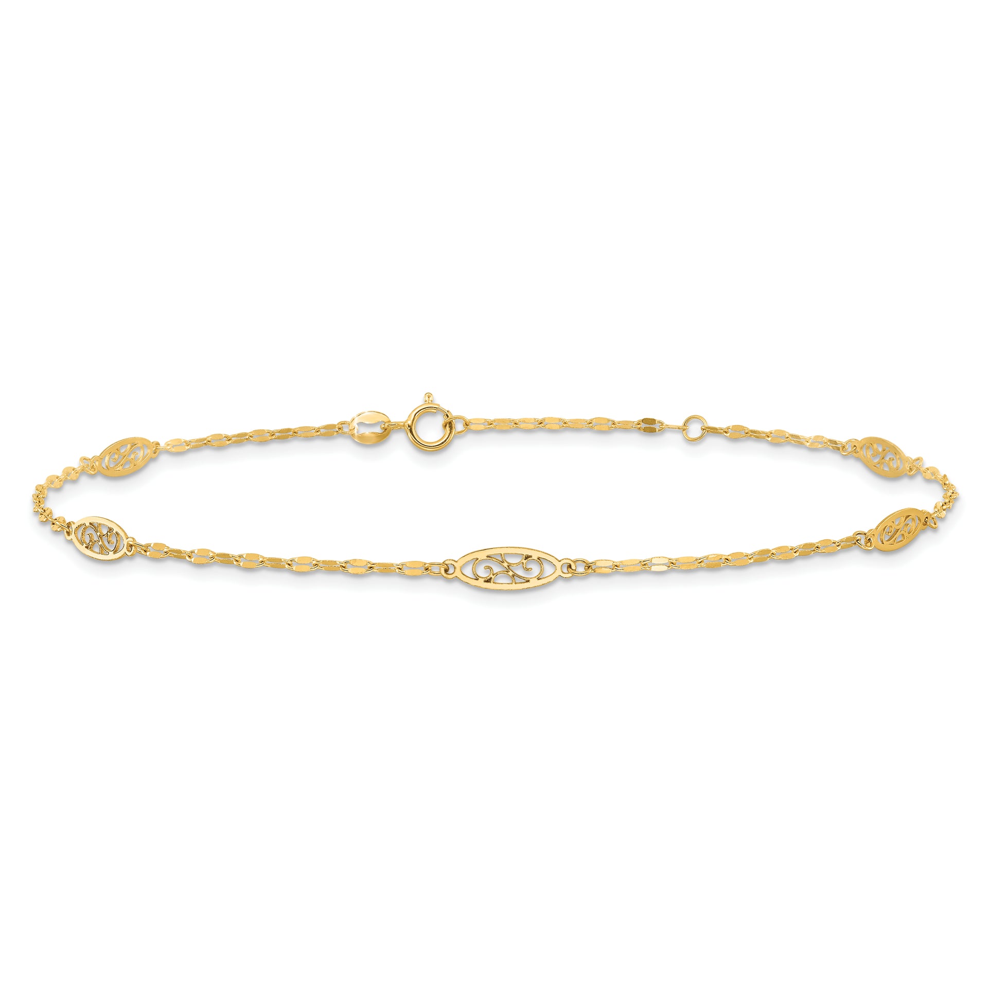 14K Polished Fancy Filigree Link 9in Plus 1 in ext. Anklet