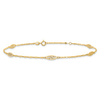 14K Polished Fancy Filigree Link 9in Plus 1 in ext. Anklet