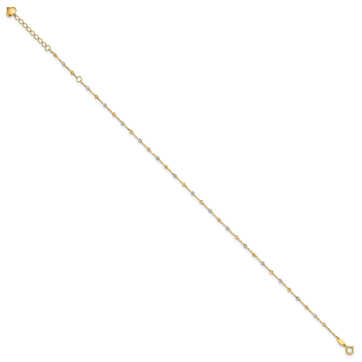 14K Two-tone Polished and Diamond-cut Beads 10in Plus 1in ext. Anklet