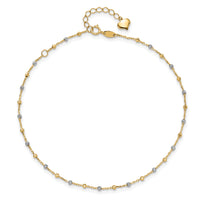 14K Two-tone Polished and Diamond-cut Beads 10in Plus 1in ext. Anklet