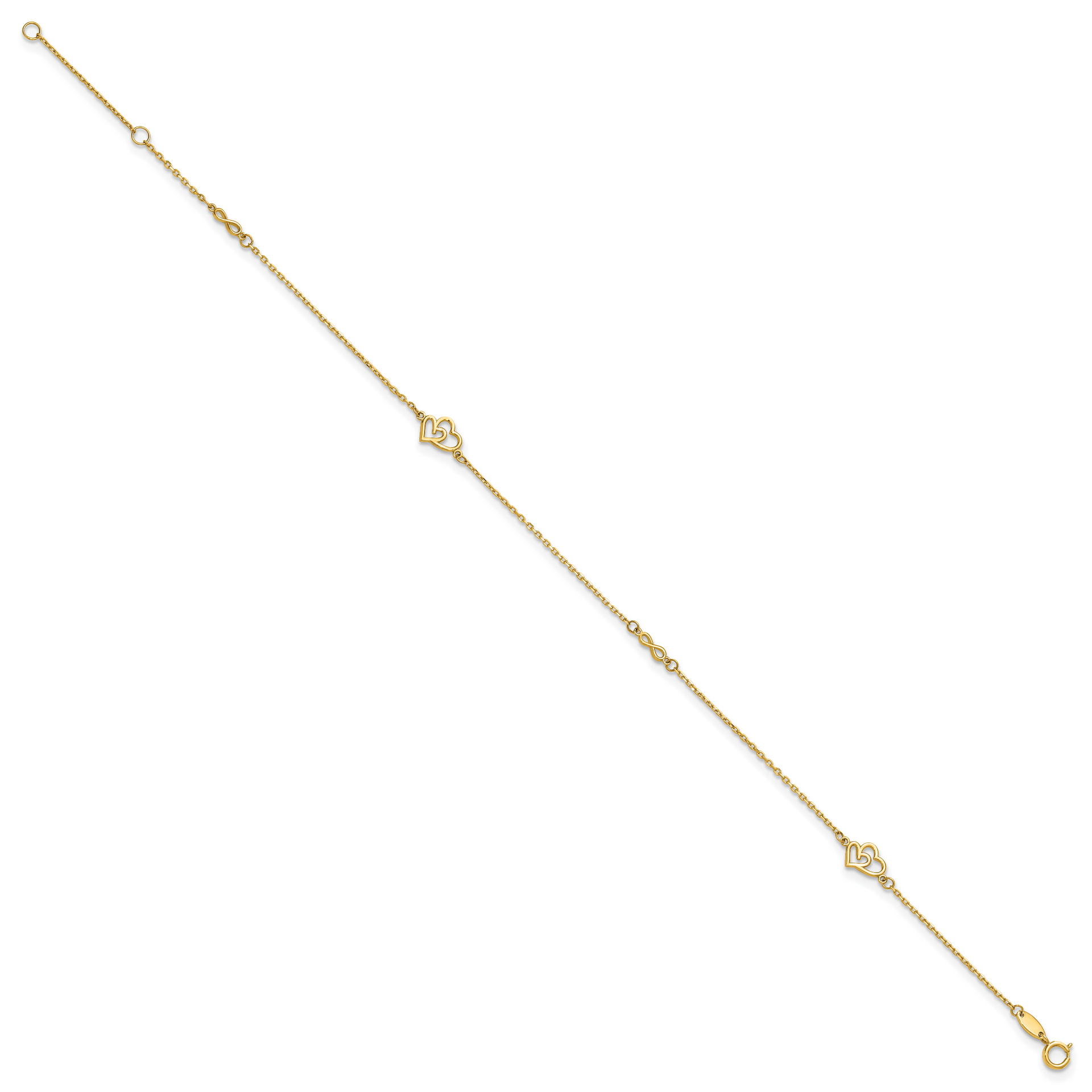 14k Polished Hearts and Infinity 9in Plus 1in ext. Anklet