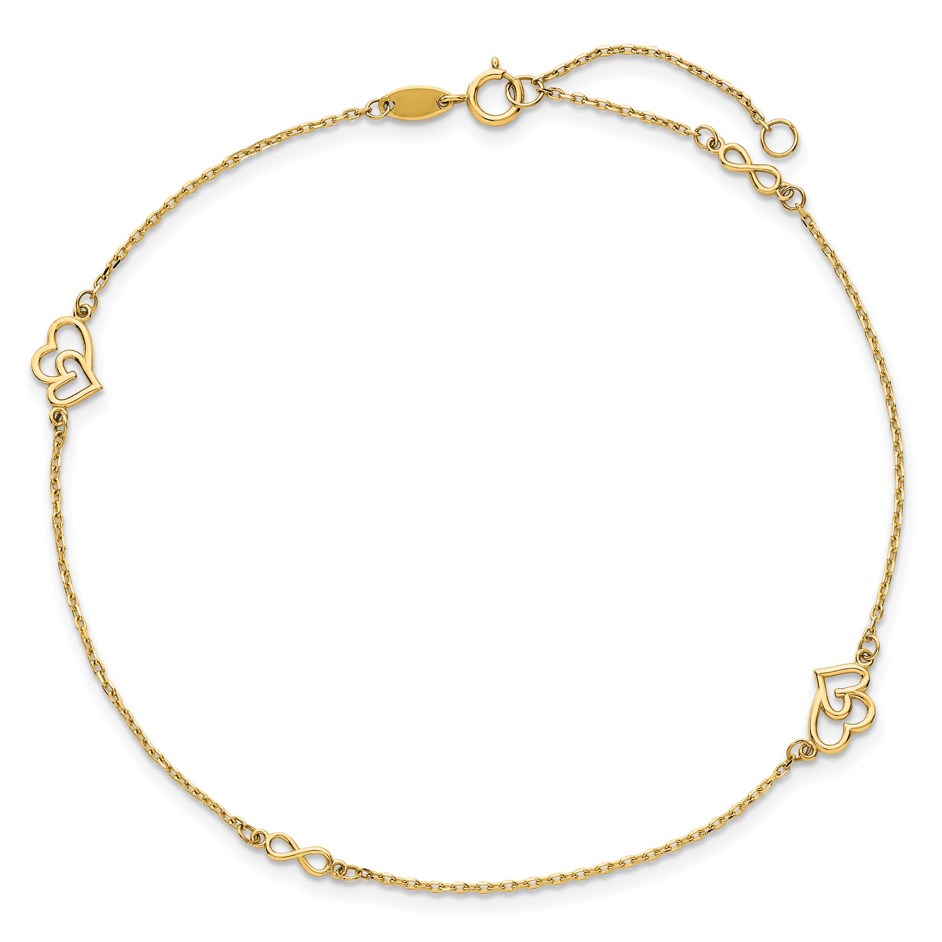 14k Polished Hearts and Infinity 9in Plus 1in ext. Anklet