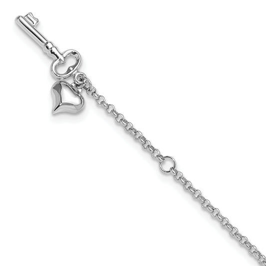 14k White Gold Adj Polished Puffed Heart Key 9in Plus 1in ext. Anklet