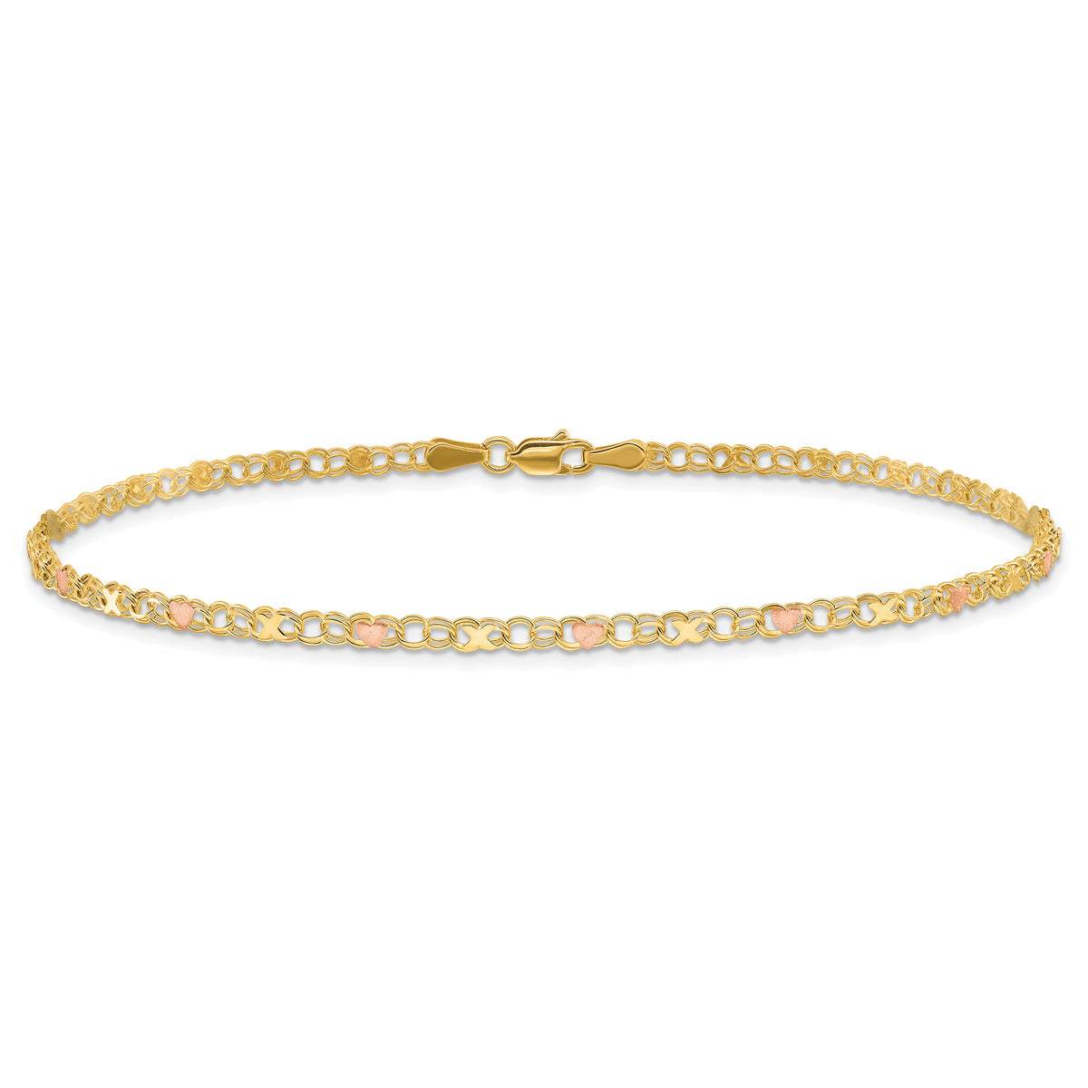 14k and Rose Xs and Hearts 10in Anklet