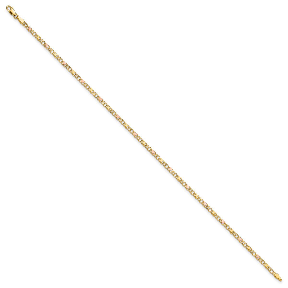 14k and Rose Xs and Hearts 9in Anklet