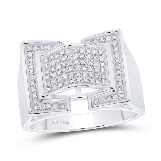 Sterling Silver Round Diamond Domed Rectangle Cluster Ring 1/8 Cttw