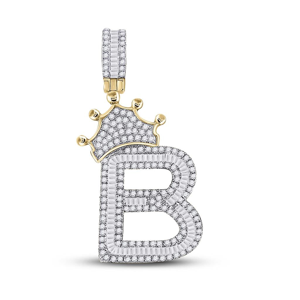 10k Yellow Gold Baguette Diamond Crown Letter Charm Pendant 1/2 to 1 Cttw