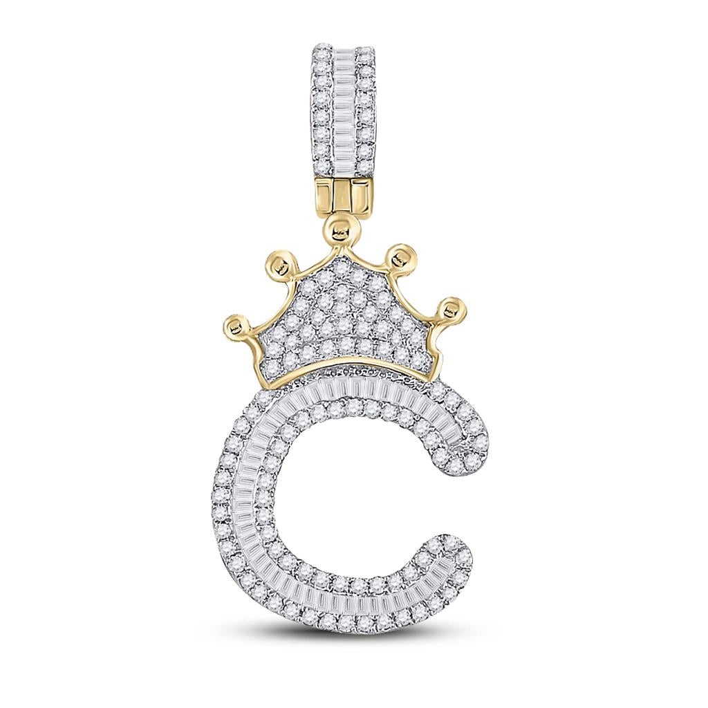 10k Yellow Gold Baguette Diamond Crown Letter Charm Pendant 1/2 to 1 Cttw