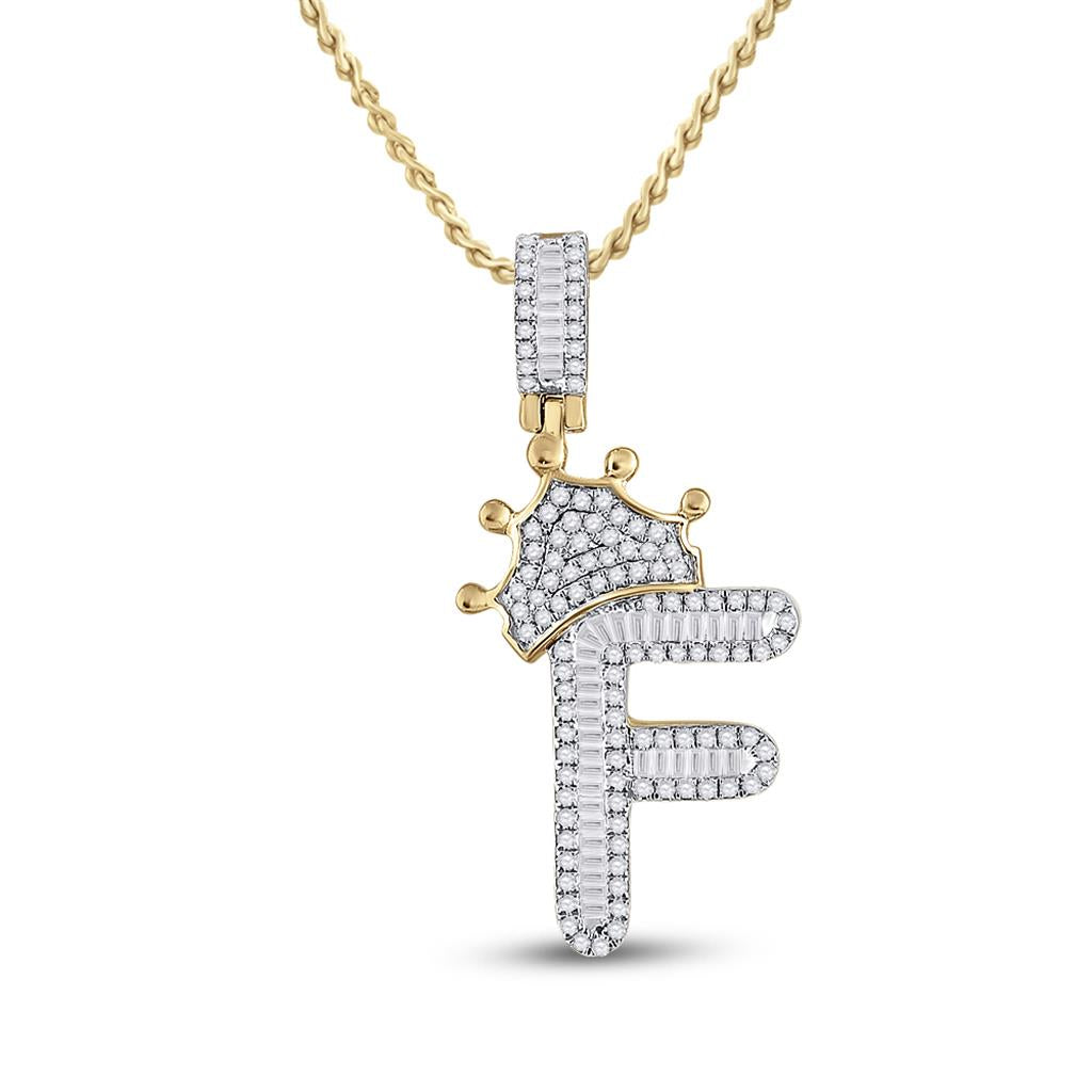 10k Yellow Gold Baguette Diamond Crown Letter Charm Pendant 1/2 to 1 Cttw