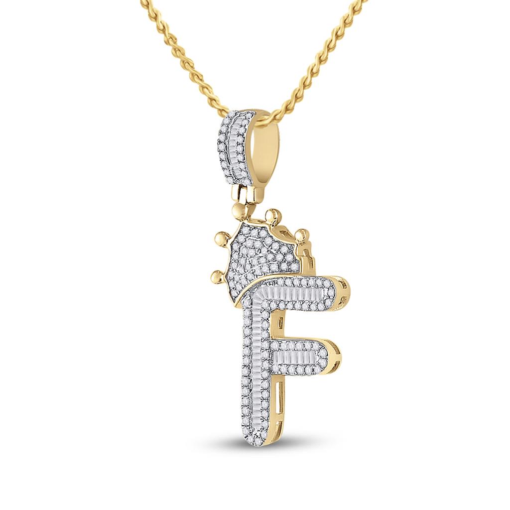 10k Yellow Gold Baguette Diamond Crown Letter Charm Pendant 1/2 to 1 Cttw