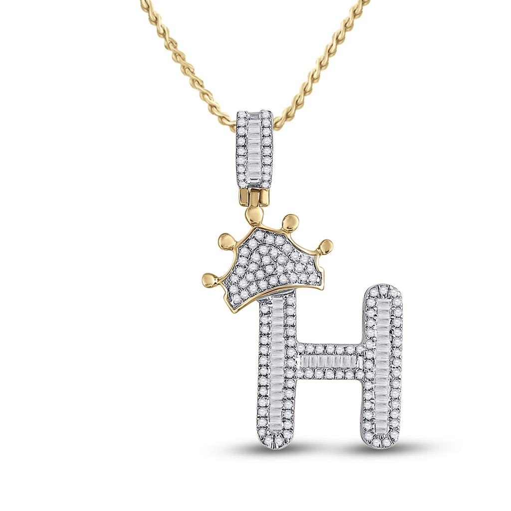 10k Yellow Gold Baguette Diamond Crown Letter Charm Pendant 1/2 to 1 Cttw