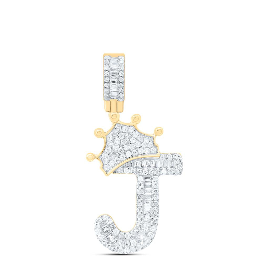 10k Yellow Gold Baguette Diamond Crown Letter Charm Pendant 1/2 to 1 Cttw