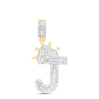 10k Yellow Gold Baguette Diamond Crown Letter Charm Pendant 1/2 to 1 Cttw