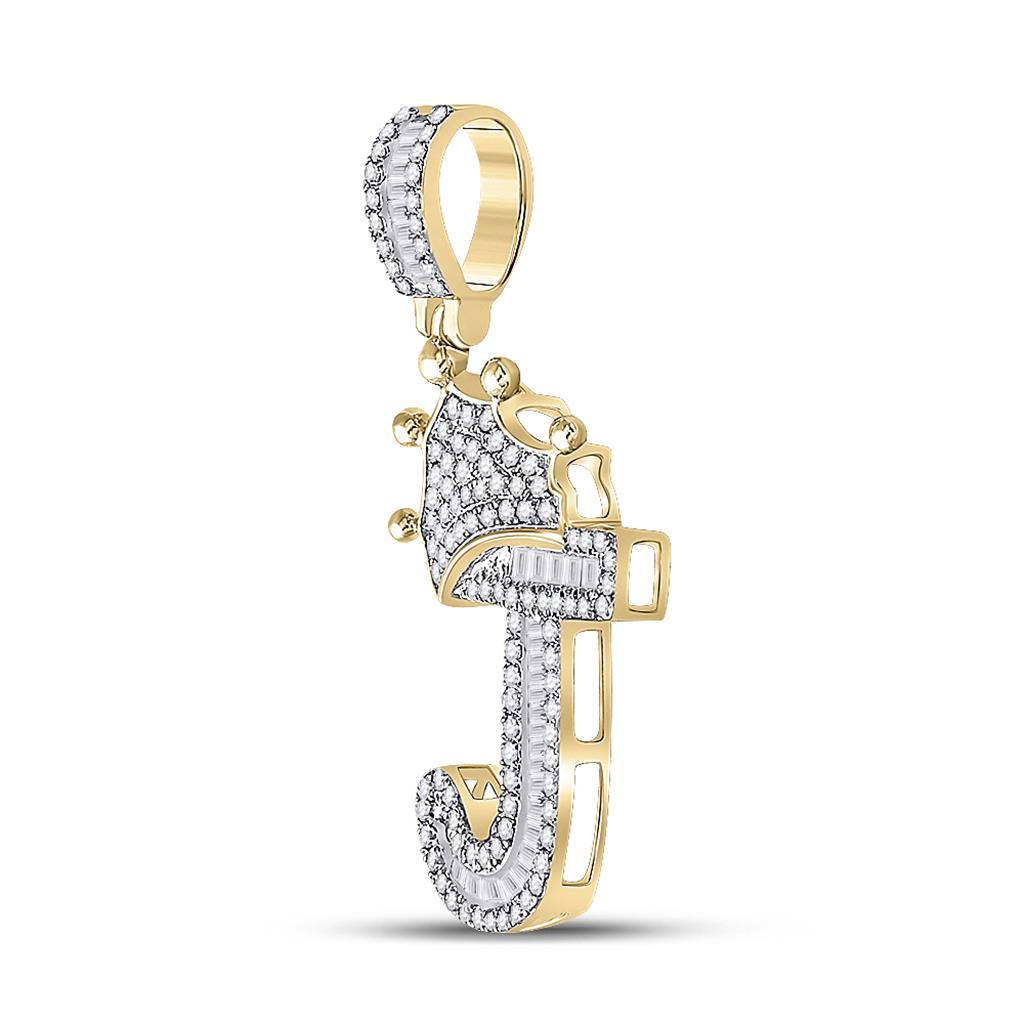 10k Yellow Gold Baguette Diamond Crown Letter Charm Pendant 1/2 to 1 Cttw